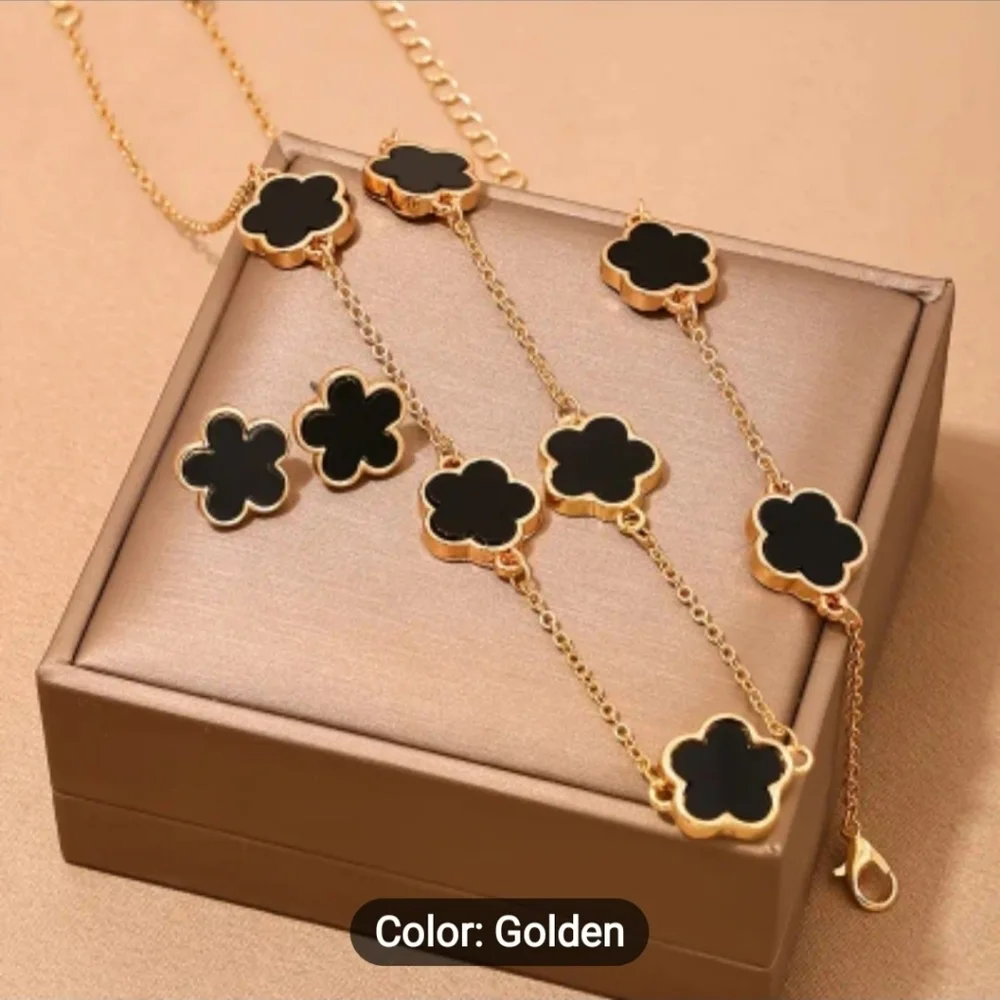 Black necklace bracelet earrings set gold plated